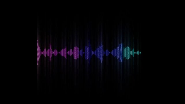 Digital Neon Audio Waveform Spectrum Animation On Black Background.  Dynamic Sound Waves Form with Vibrant Gradient. Music, Voice, And Digital Audio Signals. 