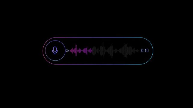 Futuristic Voice Message Interface Neon Audio Waveform Chat Bubble on Dark Background. Gradient Sound Waves Visualize Voice Playback With A Microphone Icon, Duration Timer, And Speed Indicator.