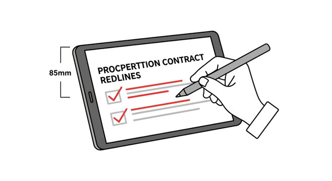 Hand reviewing and redlining digital contract on tablet illustration