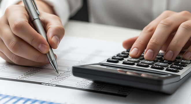Closeup of professional accountant hands using a calculator and pen to analyze financial spreadsheet data for tax preparation bookkeeping and business budget planning