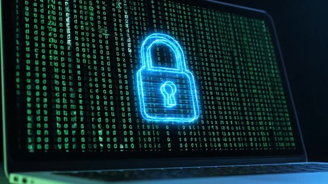 A glowing blue padlock appears on a laptop screen displaying green coding in a dark room.