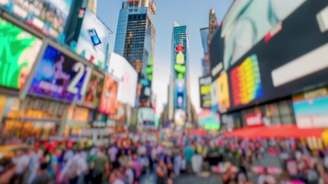 Times Square New York City Daytime Timelapse with Selective Focus. High dynamic range timelapse from raw photo files. Crazy busy people, traffic and LED walls of advertisements. 