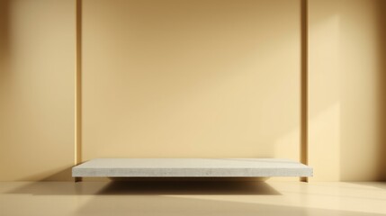 Fototapeta premium Minimalist display platform against warm beige wall. Soft lighting creates subtle shadows, emphasizing clean lines, modern aesthetic.