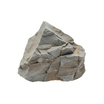 Jagged, medium-sized sandstone rock with complex angular geometry, deep crevices, and earthy grey tones, isolated in a minimalist studio against a white background, concept of geological authenticity