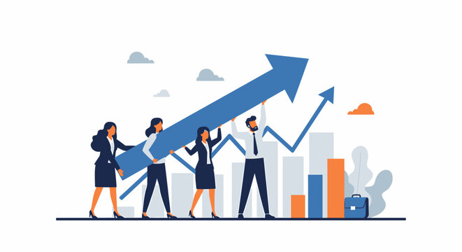 Teamwork Illustration - Business People Holding Arrow Pointing Upward Together.