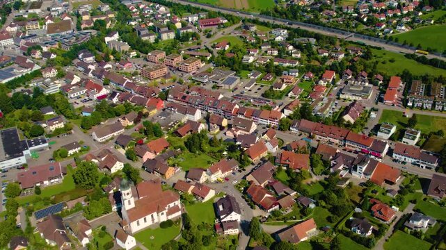 Aerial view around the city Frick in Switzerland on a overcast day in summer.