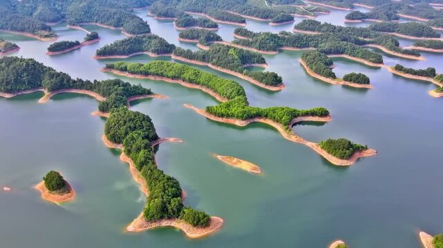 High Top Drone View of Thousand Island Lake at Hangzhou Zhejiang China