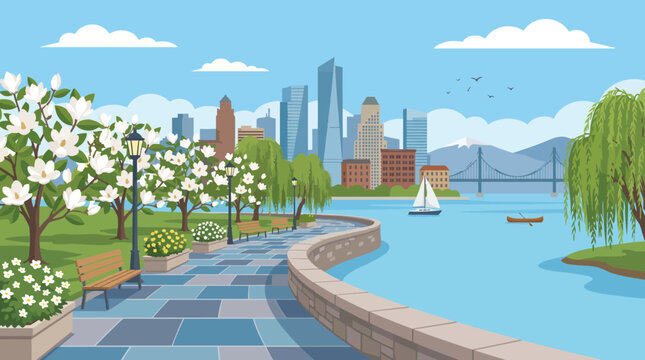 The image illustrates a serene waterfront park featuring blooming trees, walking paths, and a view of a modern city skyline, ideal for relaxation and recreation.