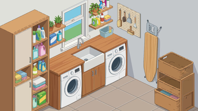 A cozy and well-organized laundry room featuring washing machines, dryer, and storage solutions, emphasizing functionality, home care, and a tidy living environment.