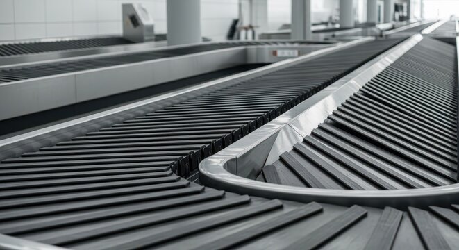 Automated airport luggage conveyor belt system inside international terminal building.