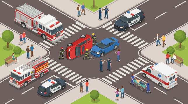 This image illustrates an emergency scene with police and fire services responding to an overturned car, capturing the urgency and cooperation in crisis situations.