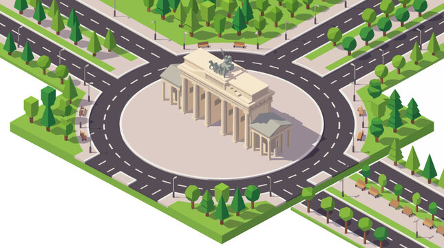 A beautifully crafted isometric rendering of the Brandenburg Gate, showcasing clean lines and vibrant green spaces in a modern urban environment.