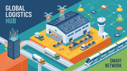 Fototapeta premium An illustration of a global logistics hub showcasing advanced transportation and smart network technology to optimize efficiency in supply chain management.