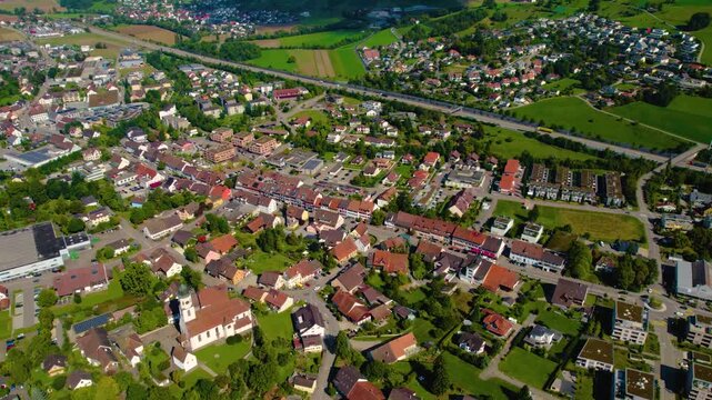 Aerial view around the city Frick in Switzerland on a overcast day in summer.