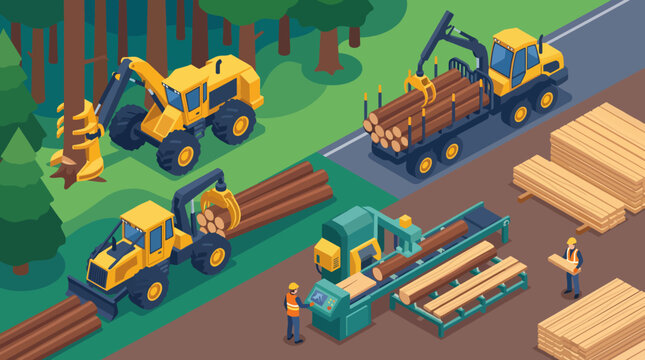 An isometric view of heavy machinery in a logging operation, illustrating the process of wood production and the importance of sustainable forestry practices.
