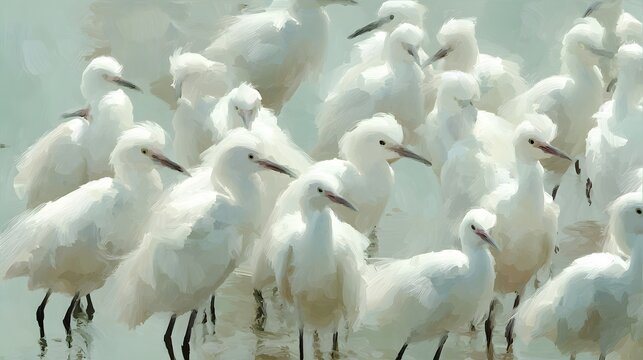Flock of white herons gathers in shallow water.