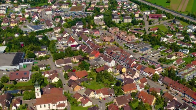 Aerial view around the city Frick in Switzerland on a overcast day in summer.