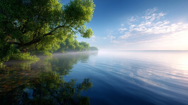 In the early morning light, a peaceful lake reflects towering trees draped in mist. The soft fog adds a magical touch, creating a serene escape in nature's embrace