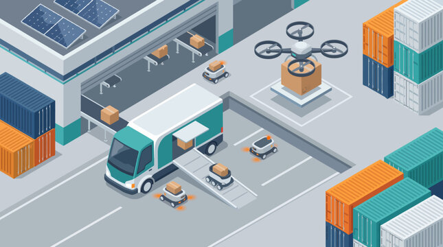 An isometric view of a modern automated delivery system featuring drones and robots, integrated with cutting-edge technology to enhance logistics and supply chain efficiency.