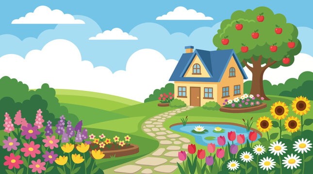 A picturesque scene featuring a lovely house surrounded by a colorful flower garden, a serene pond, and a lush green landscape under a bright blue sky.