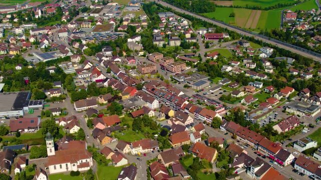 Aerial view around the city Frick in Switzerland on a overcast day in summer.