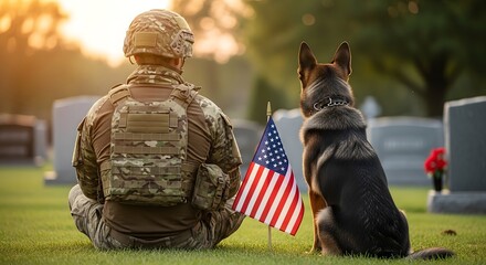 Fototapeta premium Honoring heroes on memorial day soldier and military working dog at cemetery