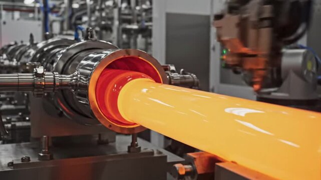 Molten Glass Tube Production on Industrial Machine - Hot Molten Glass Manufacturing
