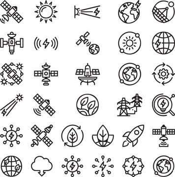 30 Space-Based Solar Power Line Icons &ndash; Satellite Array, Energy Beam, Orbital Renewable Power Minimalist Vector Outline Set for UI UX