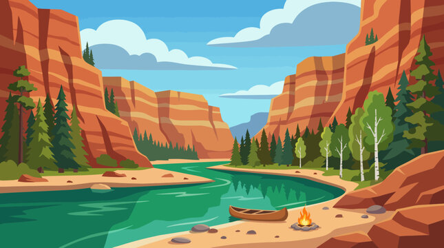 This captivating image conveys a serene canyon landscape, featuring a winding river, a quaint canoe, and a cozy campfire, embodying connection with nature and adventure.