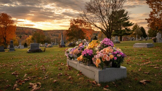 Golden sunset bathes quiet cemetery
