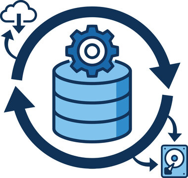 Database synchronization icon with gears and cloud blue tones