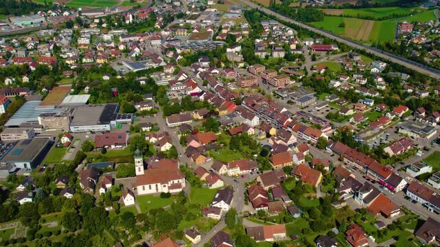 Aerial view around the city Frick in Switzerland on a overcast day in summer.