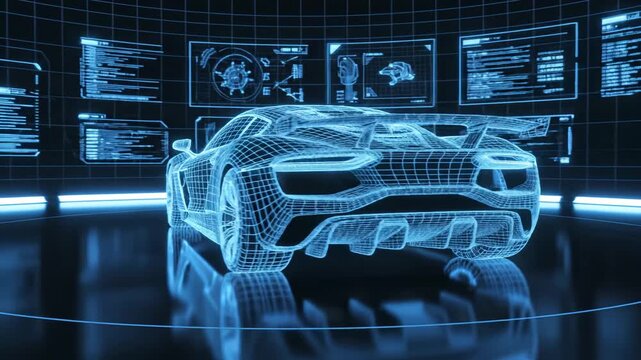 Wireframe sports car in digital display symbolizing digital transformation and future innovation