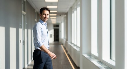 Fototapeta premium Professional man walking in bright hallway with large windows, showing confidence and purpose while moving forward. Professional walking hallway emphasizes career progression in an office environment.
