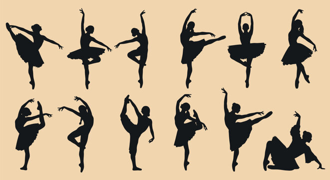 Silhouettes of ballet dancers performing poses 1.