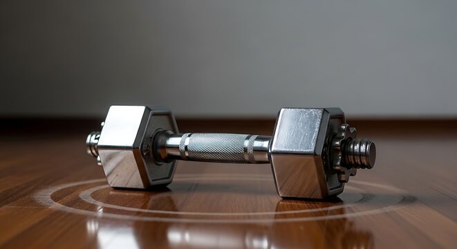 Adjustable dumbbell with knurled barbell and weight plates on wooden floor