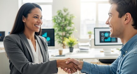 Obraz premium Professional handshake between new colleagues in modern office environment. Friendly introduction occurs with smiles and positive body language while seated at workplace.
