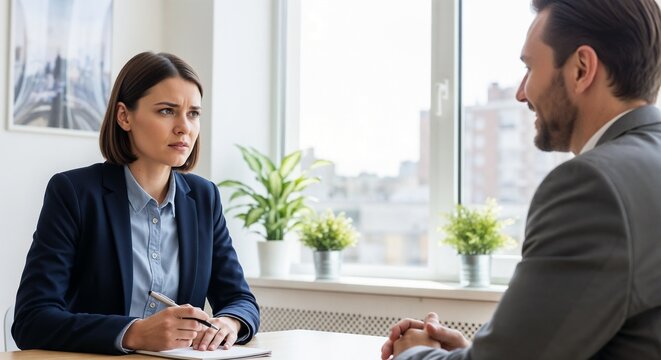 Nervous job candidate during interview with focused expression facing interviewer in modern office space. Job candidate prepares notes while answering challenging questions in professional setting.