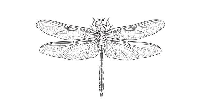 Detailed line drawing of a dragonfly isolated on white background, elegant insect illustration