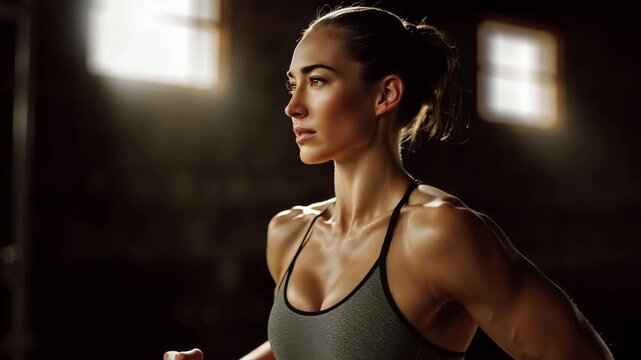 Determined athletic woman in sportswear standing focused in dramatic gym lighting. Strong female fitness portrait conveying power, endurance and motivation.