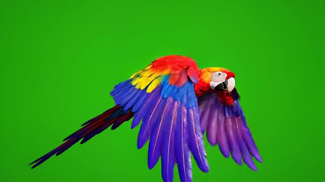 Flying colorful parrot against green screen ideal for travel vlogs and eco-friendly campaigns