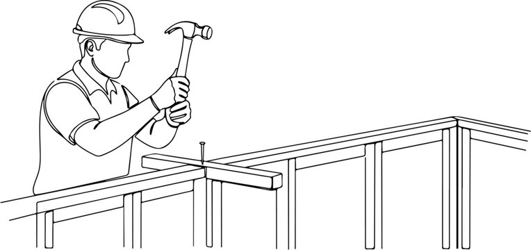 Continuous one line of a construction worker hammering nails into wooden frame, representing carpentry and frame construction, style hand drawing vector illustration.