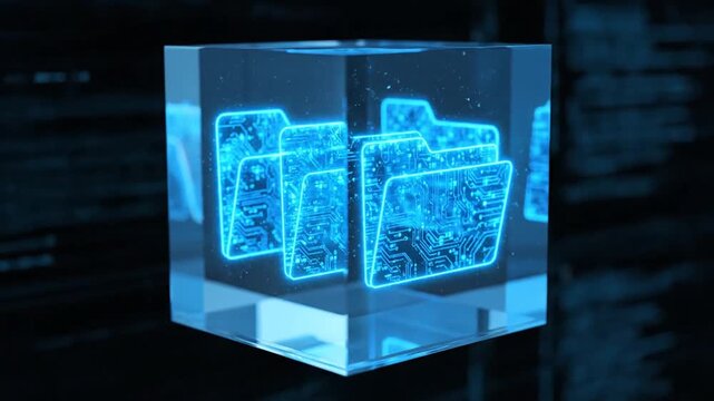A futuristic illustration of glowing blue folders standing on a reflective surface in a dark room with technology ambiance.