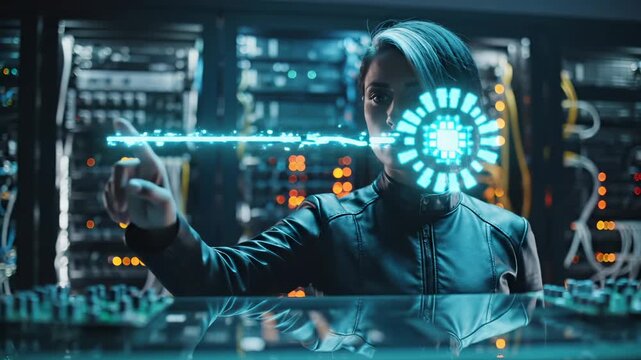 Man interacts with holographic circular interface in server room. Male touches digital hologram near technology servers. Man uses holographic display with circular pattern in data center room.