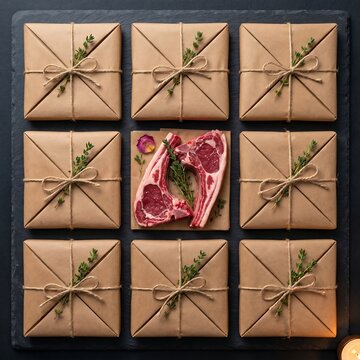 Eid al Adha Artisanal meat portions wrapped in eco-friendly packaging for premium butcher delivery service and sustainable culinary retail marketing