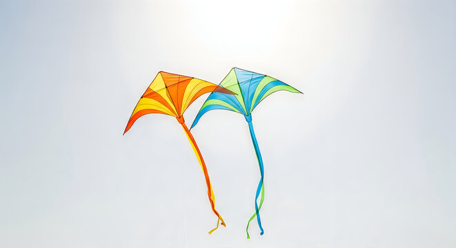 Two colorful diamond kites soaring against a bright pale sky representing childhood joy and outdoor recreation