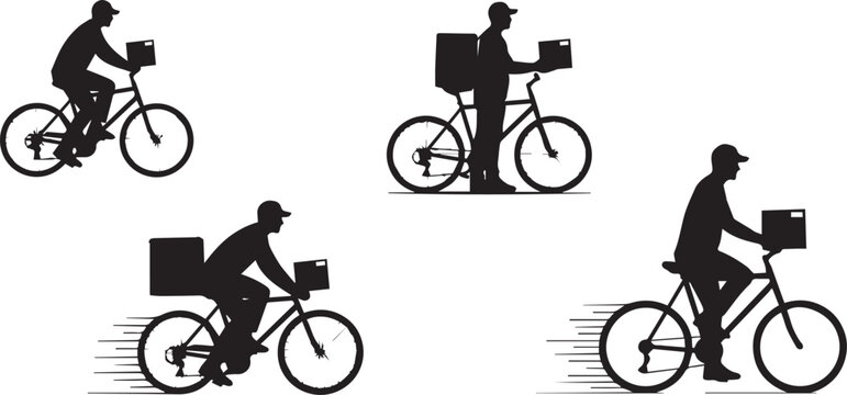 Silhouette of a  delivery boy  riding bicycle vector illustration set