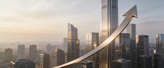 Naklejka premium Golden upward arrow over city skyline — growth and real estate background for presentation
