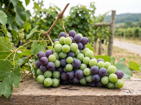 Fresh green and purple grapes harvested from the vines sit on a rustic wooden board ready for wine production now