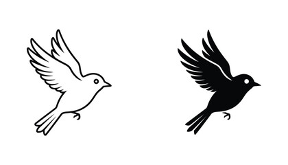 Fototapeta premium Small bird in flight vector icons featuring graceful wings and clean motion in both linear outline and solid black silhouette styles for avian branding nature logos and wildlife design projects